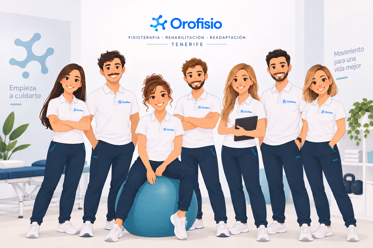 Ilustración de un grupo de fisioterapeutas con uniforme de Orofisio en la clínica