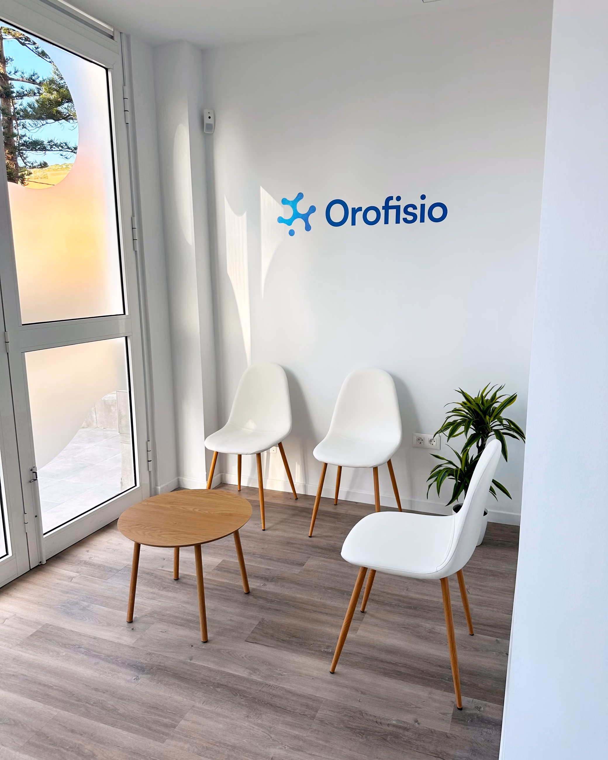 Sala de espera de Orofisio con el logotipo en la pared, asientos blancos y luz natural